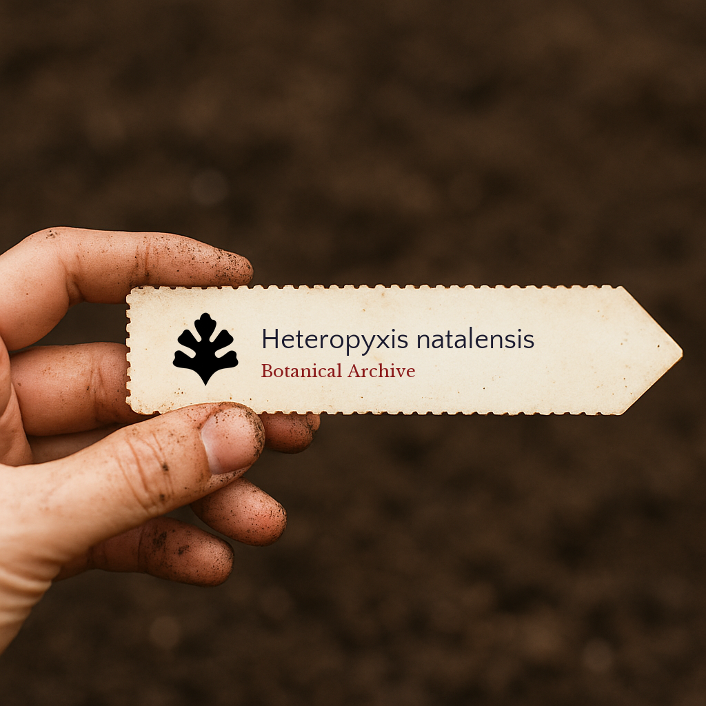 Etichetta per pianta stampata per Heteropyxis natalensis tenuta da mano sporca su sfondo di terra