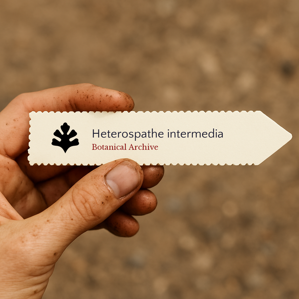 Etichetta stampata per pianta di Heterospathe intermedia tenuta da una mano sporca all'aperto