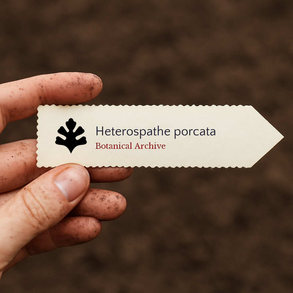 Etichetta stampata per pianta di Heterospathe porcata tenuta da una mano sporca su sfondo di terreno