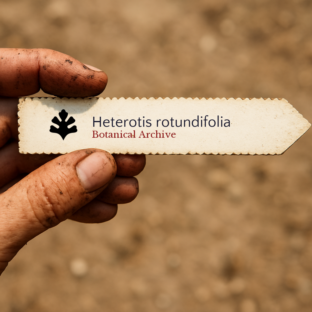Printed plant label for Heterotis rotundifolia held by dirty hand outdoors