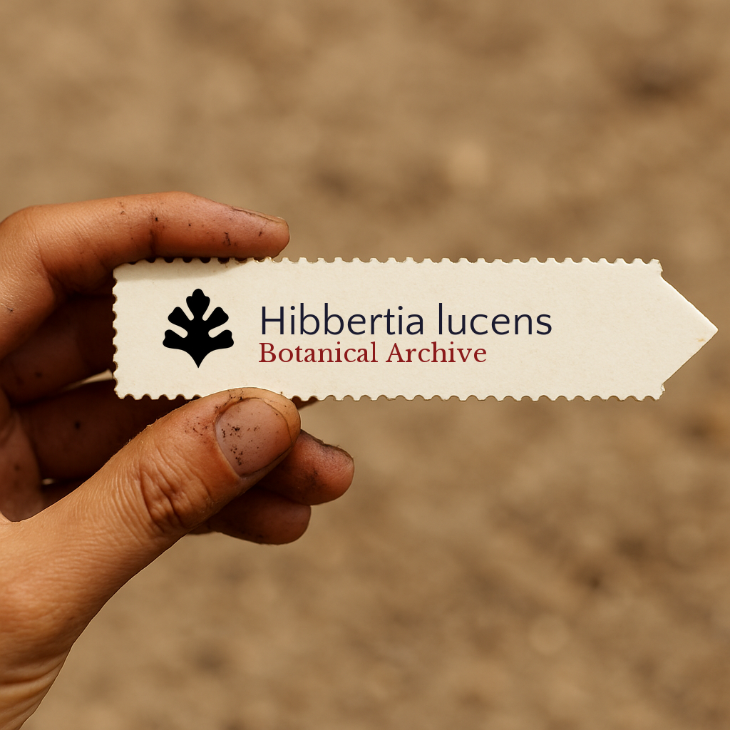 Etichetta stampata per pianta di Hibbertia lucens con il logo di Botanical Archive tenuta a mano