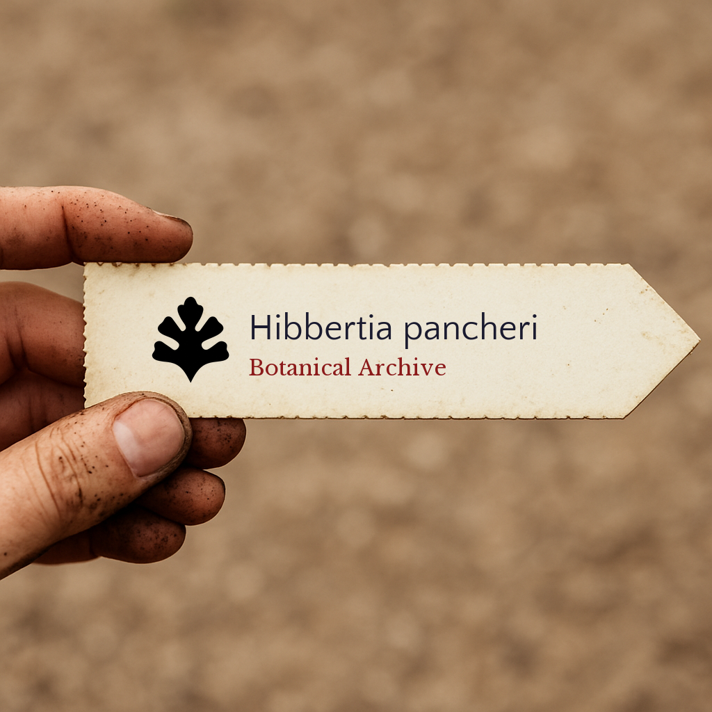 Etichetta floreale stampata per Hibbertia pancheri tenuta a mano con sfondo di terra