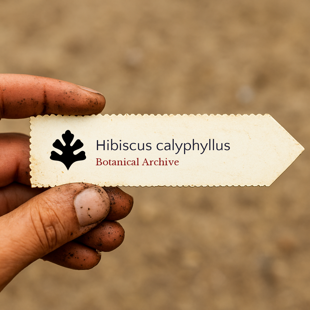 Printed plant label for Hibiscus calyphyllus held by dirty hand outdoors