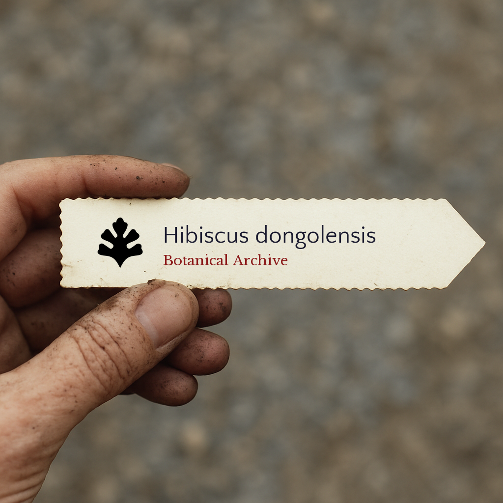 Printed plant label for Hibiscus dongolensis with botanical archive logo held by hand