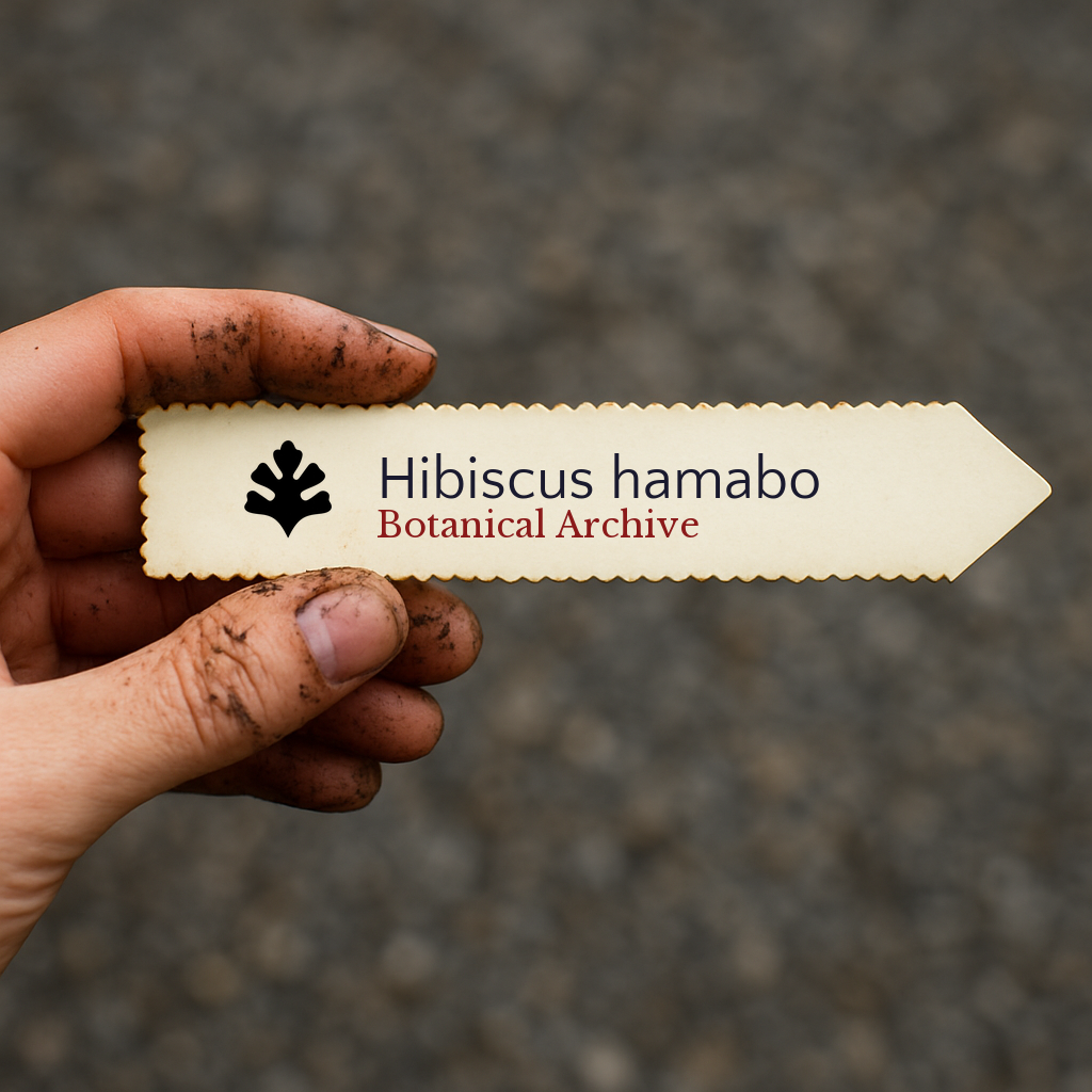 Printed plant label for Hibiscus hamabo held by dirty hand with scalloped edges
