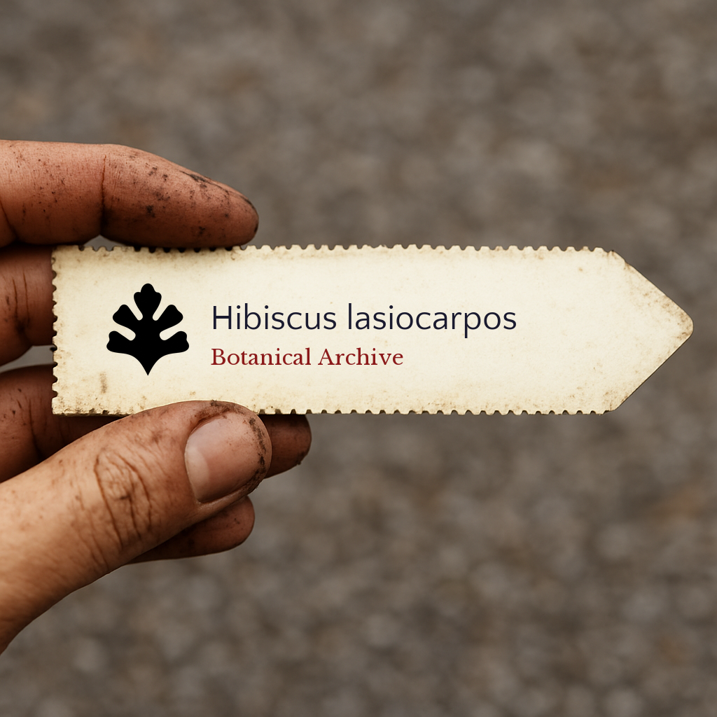 Printed plant label for Hibiscus lasiocarpos held by dirty hand with blurred background