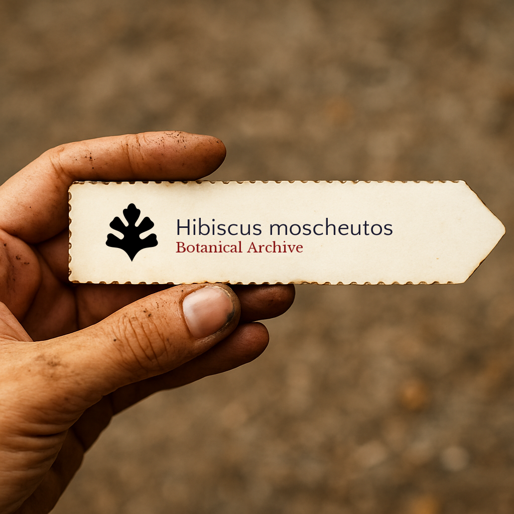 Printed plant label for Hibiscus moscheutos held by hand with dirt background