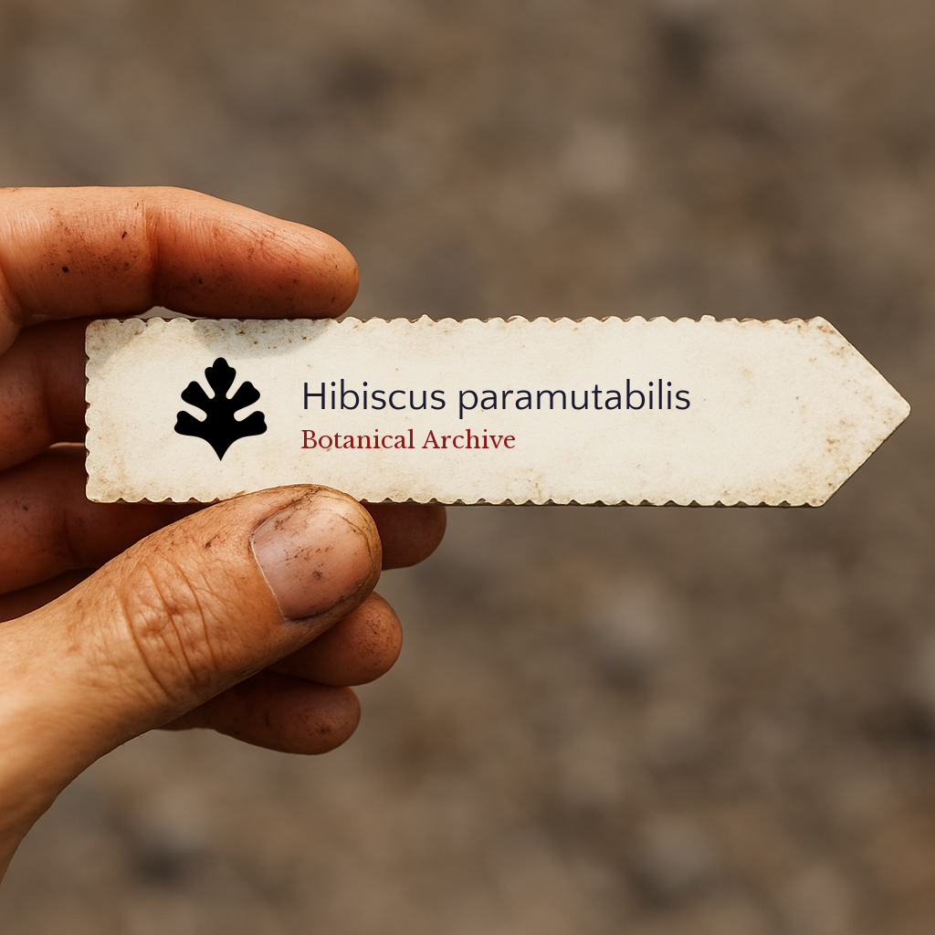 Printed plant label for Hibiscus paramutabilis held by a hand with soil-stained fingers