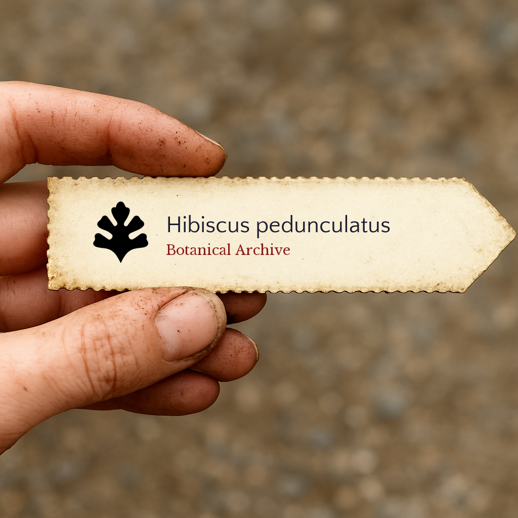 Printed plant label for Hibiscus pedunculatus held by dirty hand outdoors