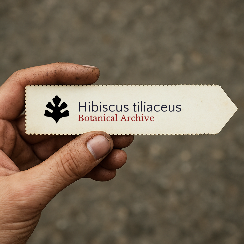 Etichetta botanica stampata per Hibiscus tiliaceus tenuta a mano con terra sulle dita