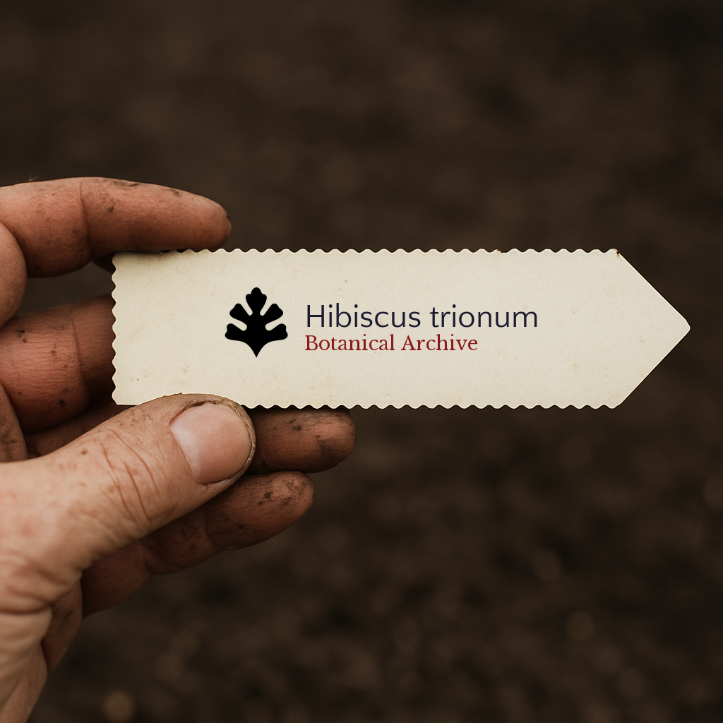Etichetta vegetale stampata per Hibiscus trionum con il logo Botanical Archive su sfondo di terreno