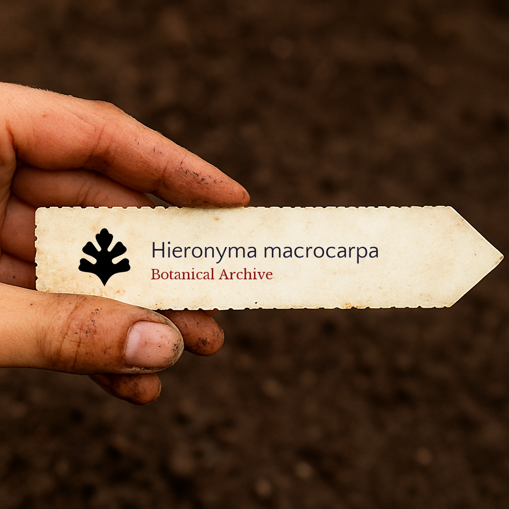 Printed plant label for Hieronyma macrocarpa held by hand over soil background