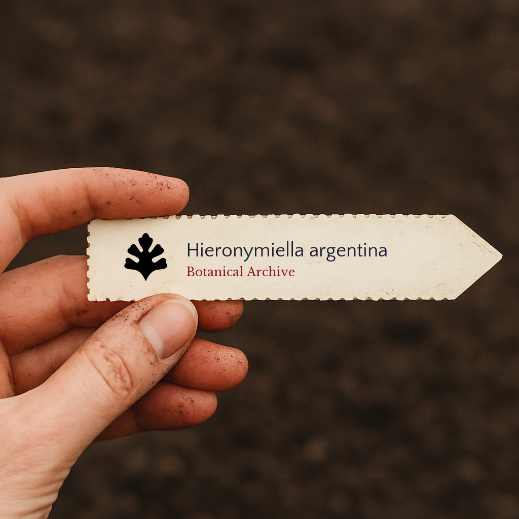 Printed plant label for Hieronymiella argentina held by hand with soil background