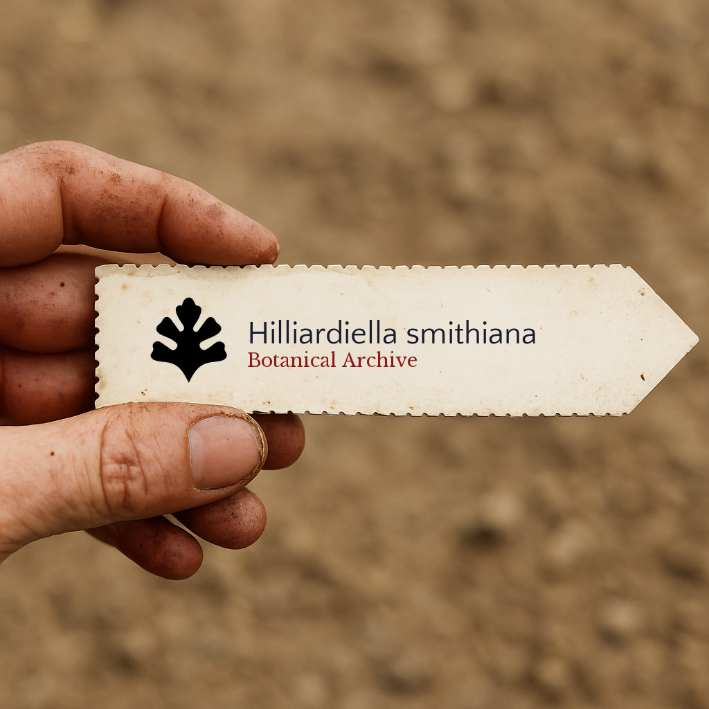 Printed plant label for Hilliardiella smithiana with botanical archive logo held by hand