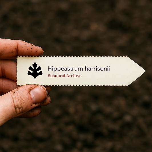 Printed plant label for Hippeastrum harrisonii held by hand over soil background
