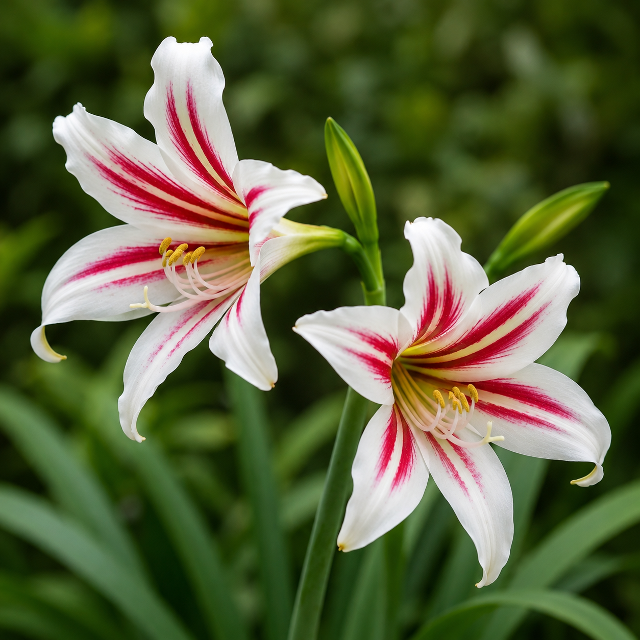 Fiori bianchi di Hippeastrum harrisonii con striature rosse e stami gialli in fogliame verde