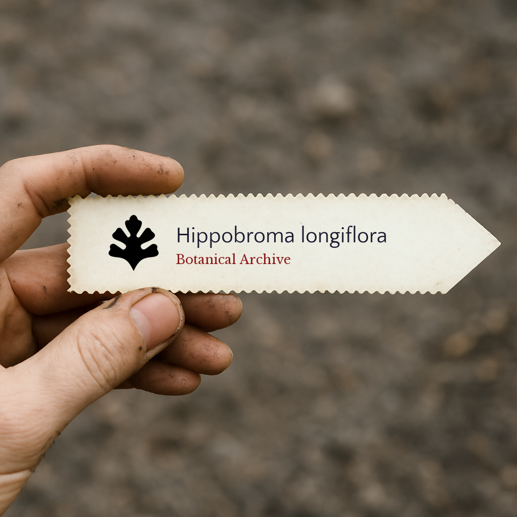 Printed plant label for Hippobroma longiflora with botanical archive logo held by hand