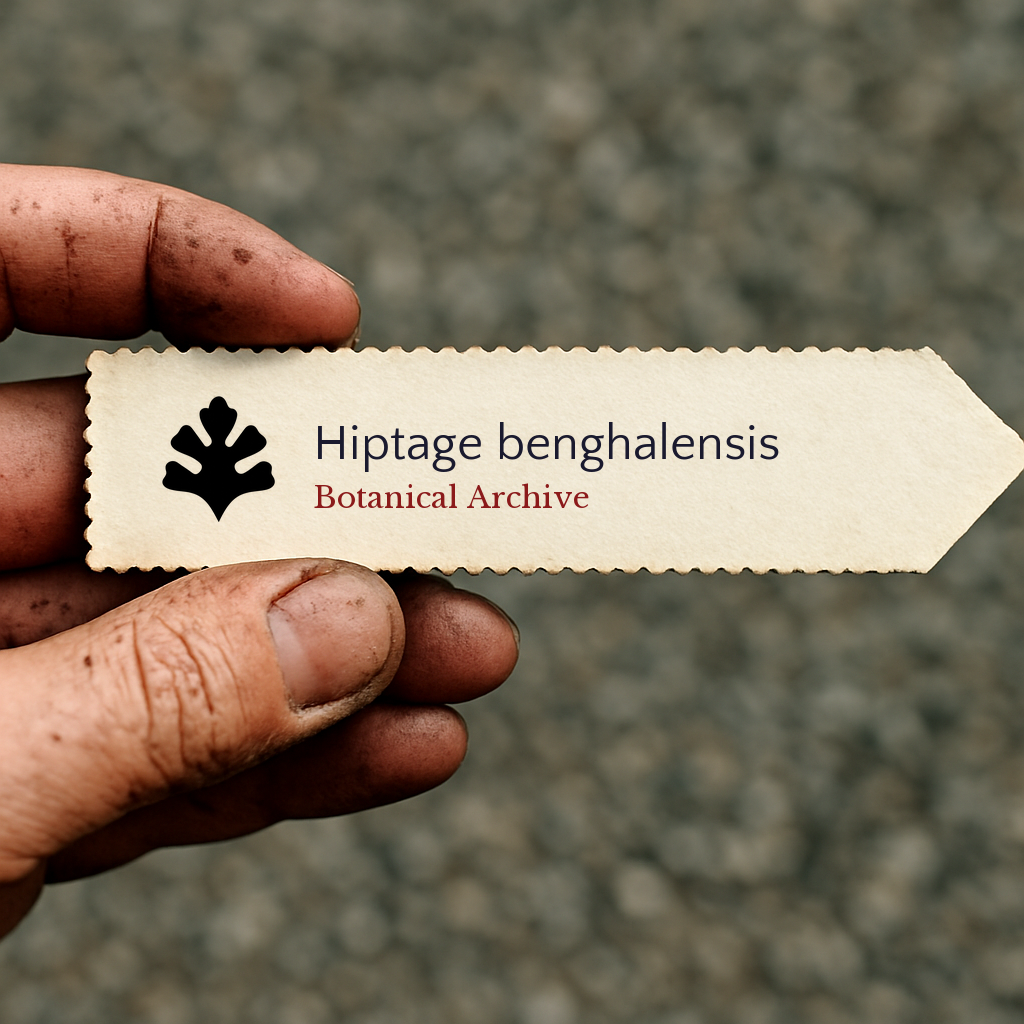 Etichetta plantare stampata per Hiptage benghalensis tenuta da una mano sporca all'aperto