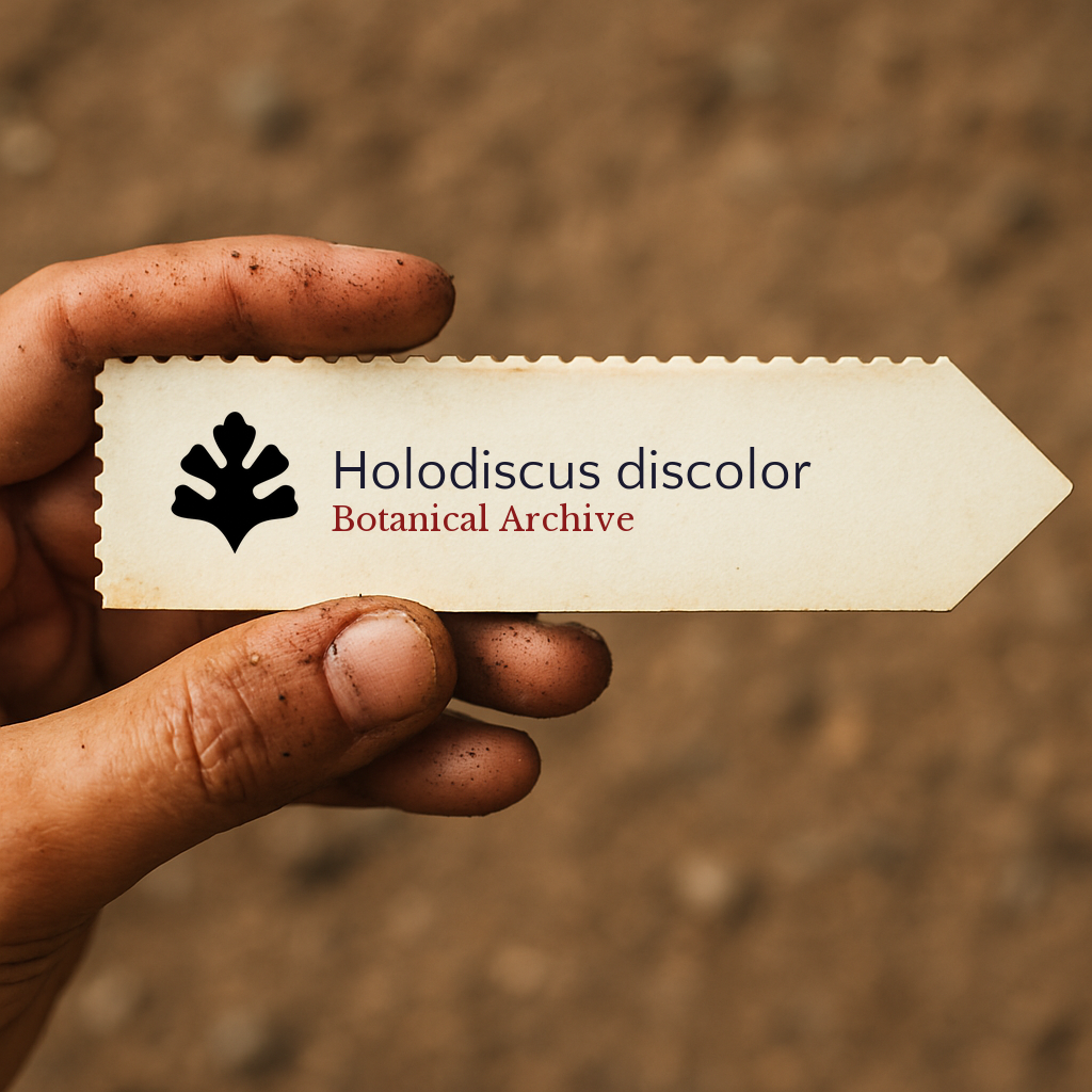 Printed plant label for Holodiscus discolor with botanical archive logo held by dirty hand