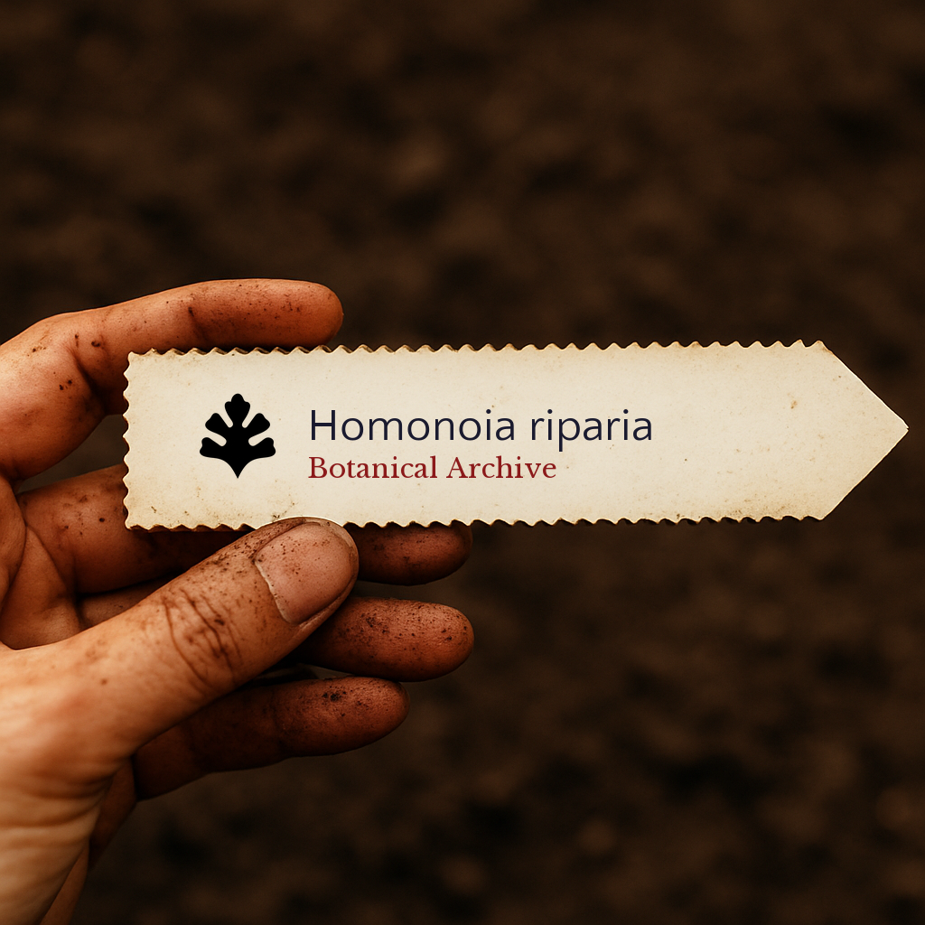 Etichetta stampata per pianta di Homonoia riparia tenuta da una mano sporca su sfondo di terreno