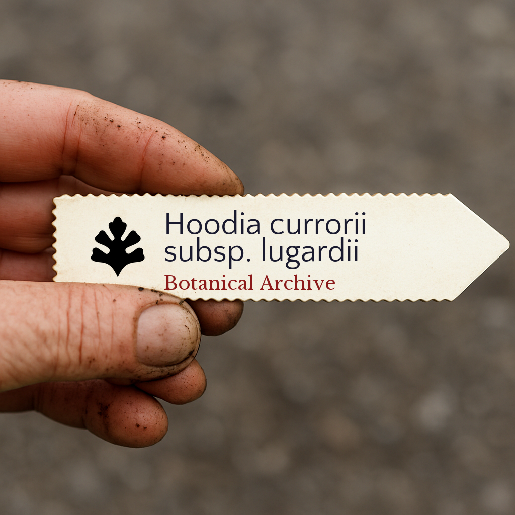 Etichetta vegetale stampata per Hoodia currorii subsp. lugardii tenuta da mano sporca all'aperto