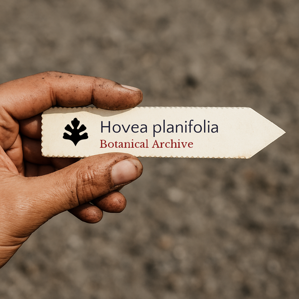 Printed plant label for Hovea planifolia held by hand with soil-stained fingers