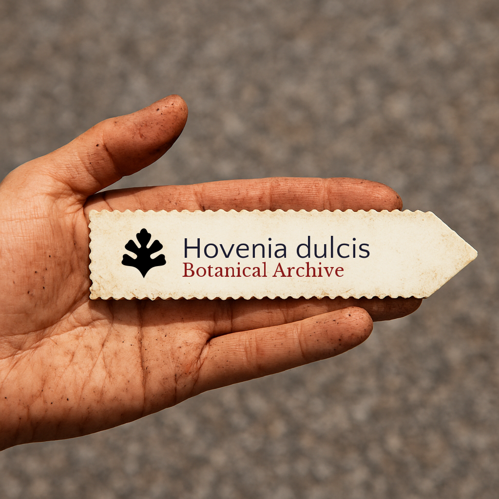 Cartellino per pianta stampato per Hovenia dulcis tenuto in una mano sporca di terra all'aperto