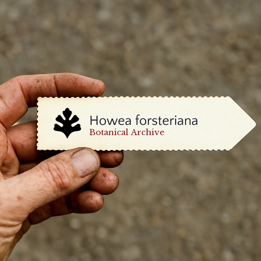 Printed plant label for Howea forsteriana held by a dirty hand on blurred background