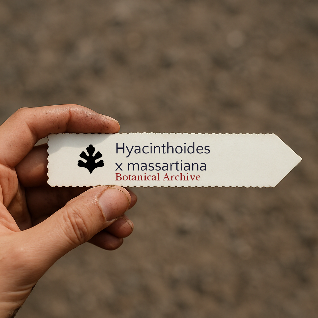 Printed plant label for Hyacinthoides x massartiana held by hand with blurred soil background