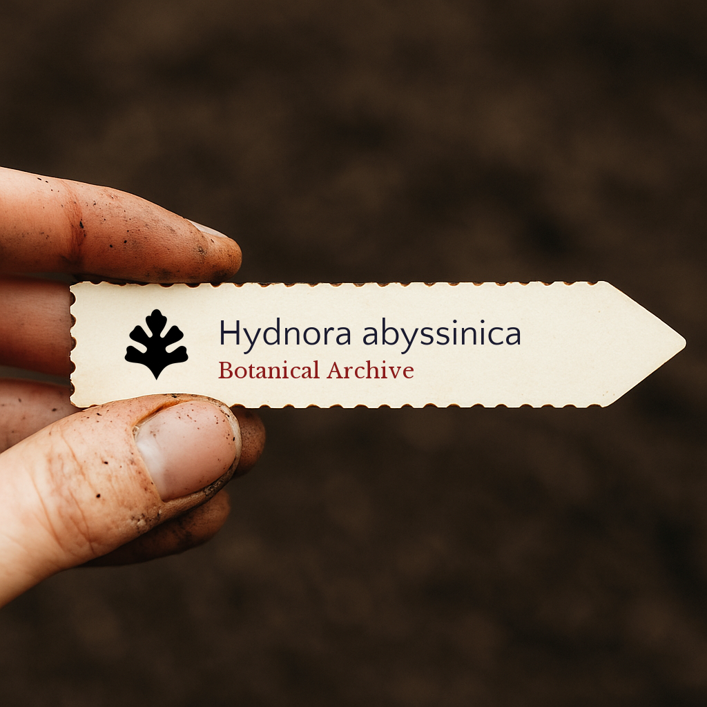 Etichetta stampata per pianta di Hydnora abyssinica tenuta da una mano sporca su sfondo di terreno