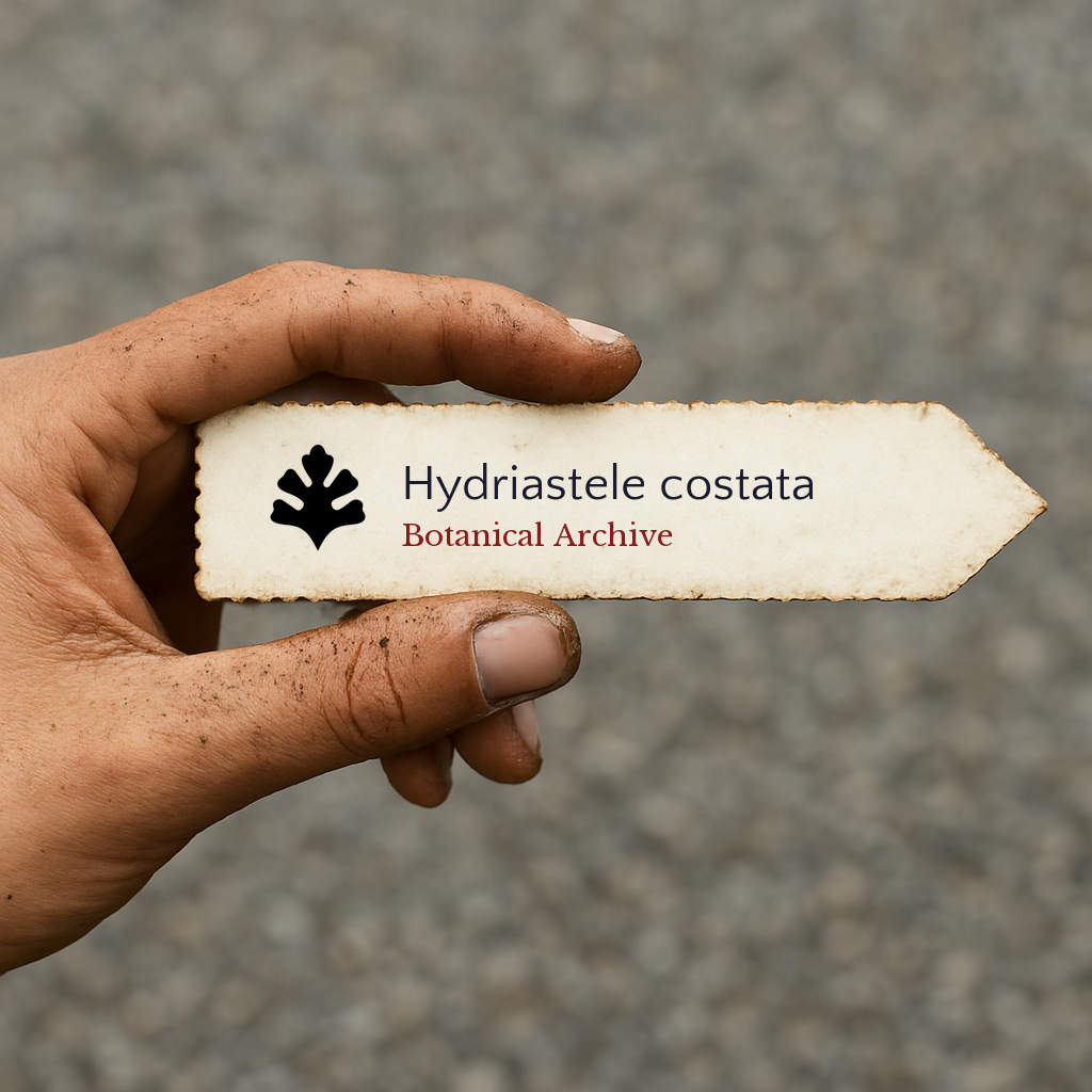 Etichetta con pianta stampata per Hydriastele costata tenuta a mano con terra sulle dita