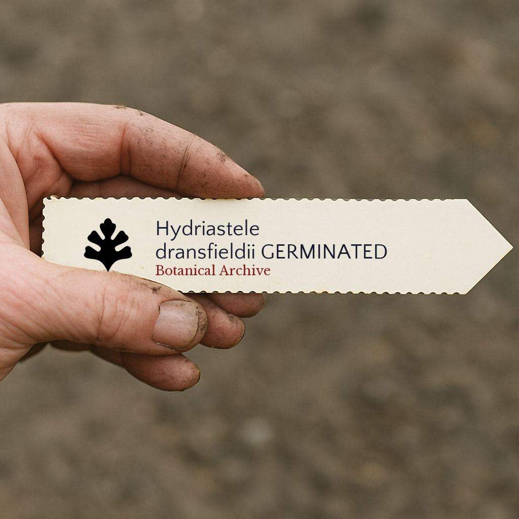 Etichetta vegetale stampata per Hydriastele dransfieldii tenuta a mano con sfondo di terra