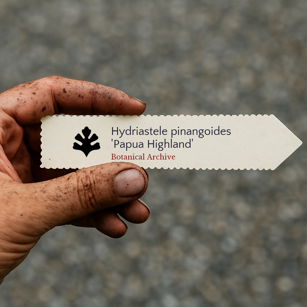 Printed plant label for Hydriastele pinangoides 'Papua Highland' held by dirty hand