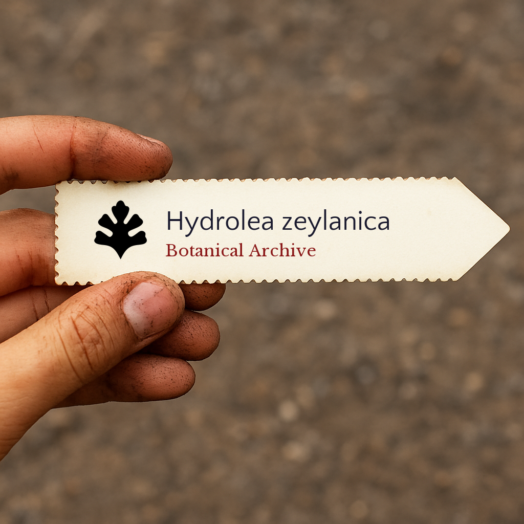 Printed plant label for Hydrolea zeylanica held by dirty hand outdoors