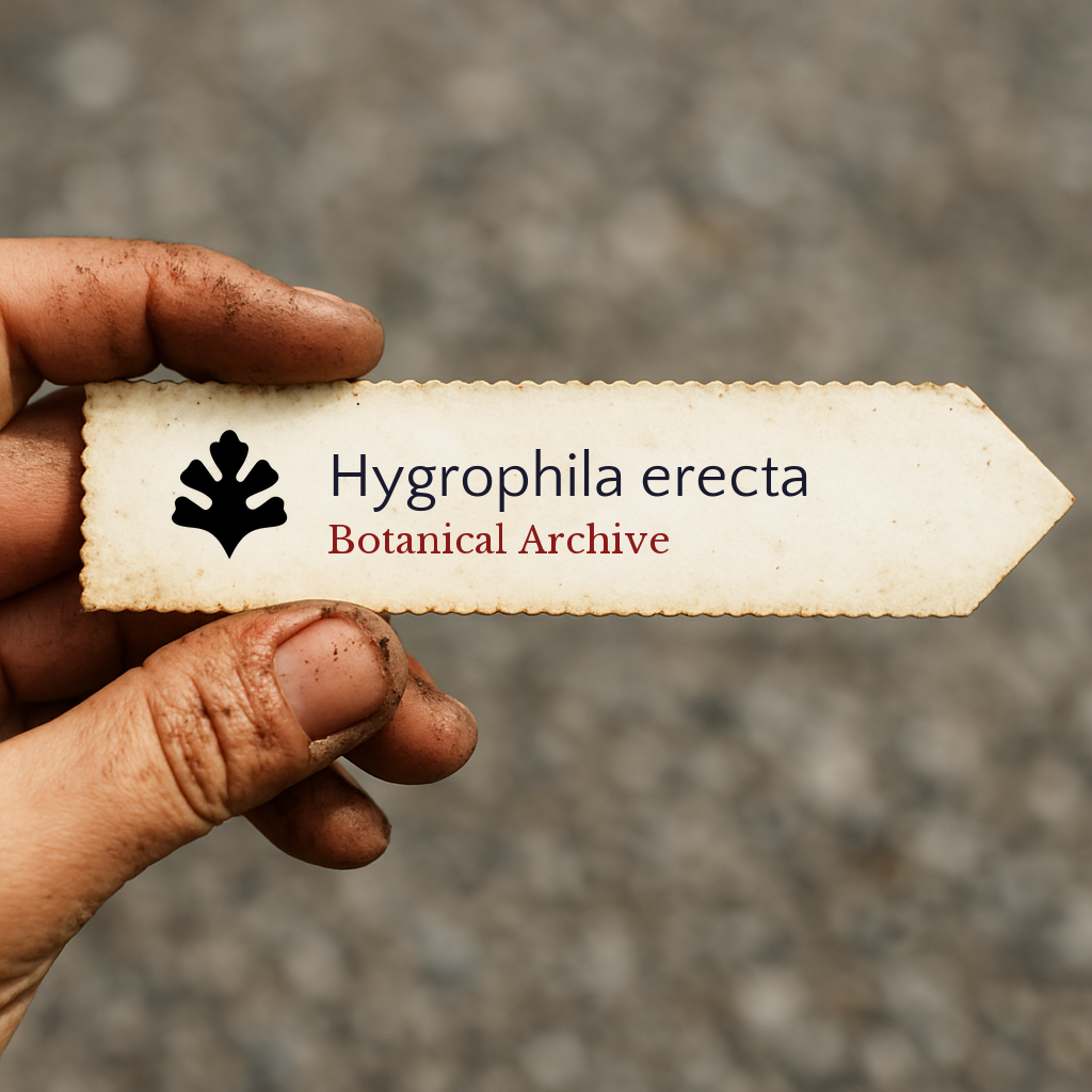 Printed vintage-style botanical archive label for Hygrophila erecta held by dirty hand