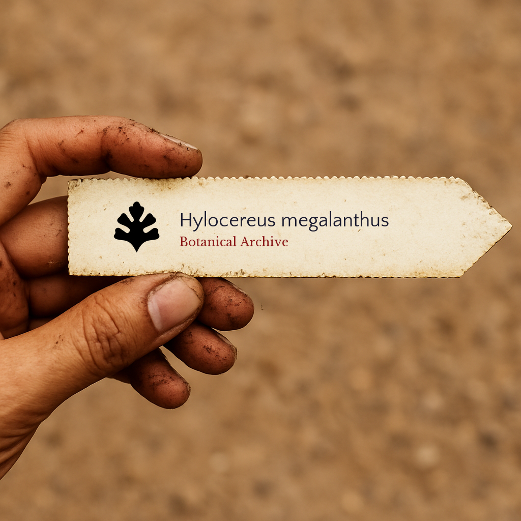 Printed plant label for Hylocereus megalanthus held by dirty hand outdoors