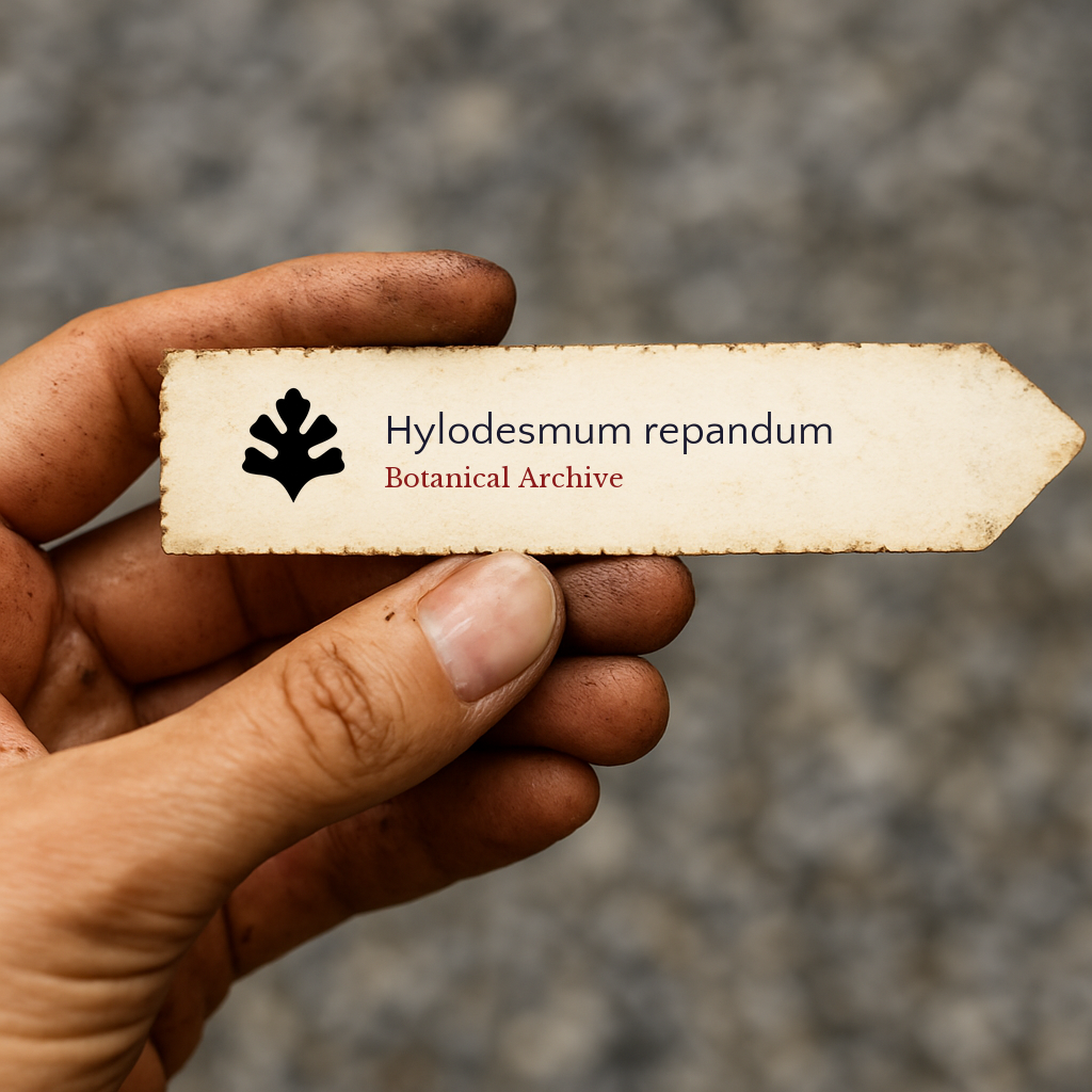 Etichetta stampata per pianta di Hylodesmum repandum tenuta in mano con dita sporche di terra