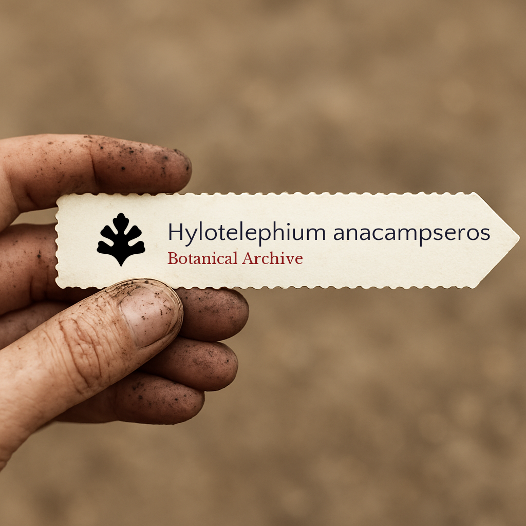 Printed plant label for Hylotelephium anacampseros held by dirty hand outdoors