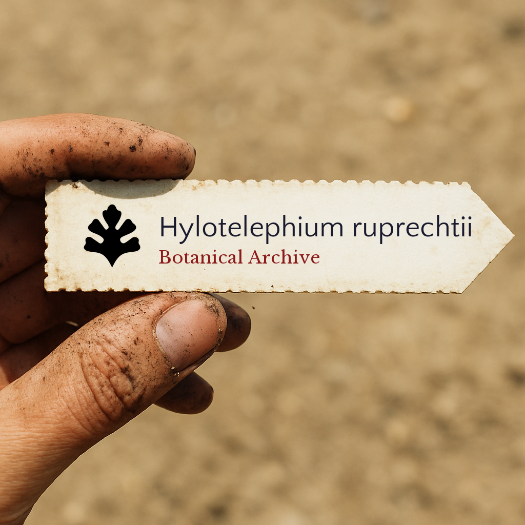 Printed plant label for Hylotelephium ruprechtii held by dirty hand outdoors