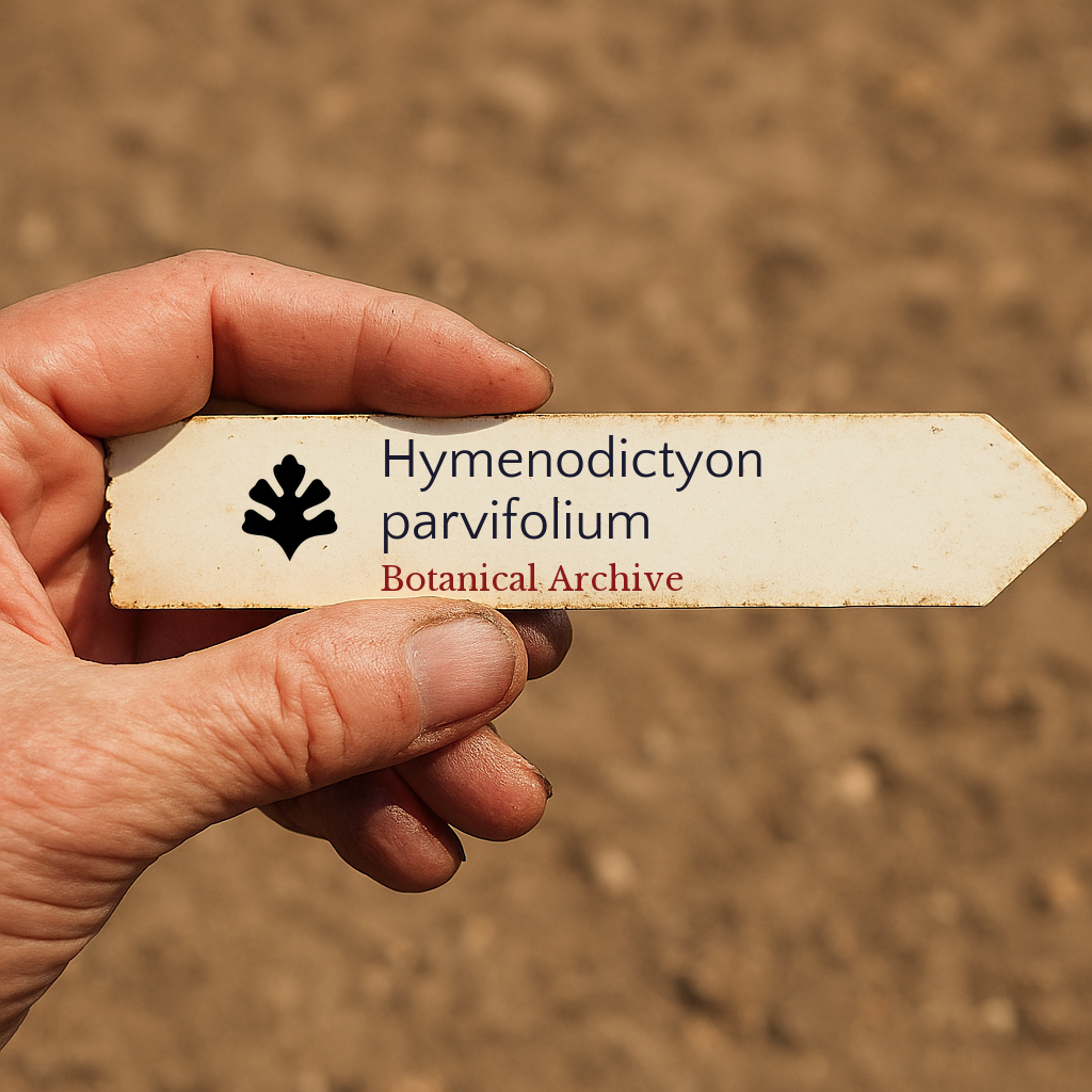 Printed plant label for Hymenodictyon parvifolium held against soil background