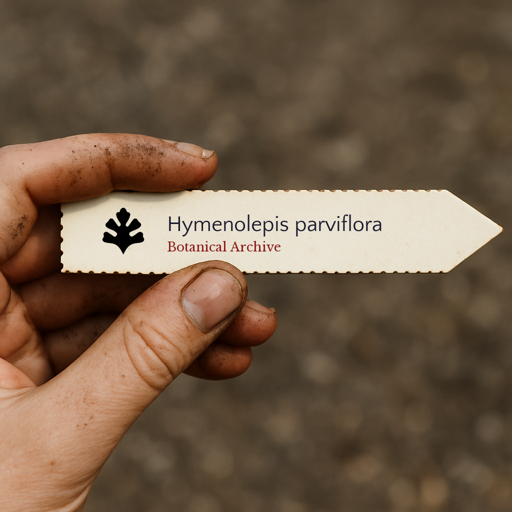 Etichetta stampata per piante di Hymenolepis parviflora tenuta a mano con sfondo di terreno
