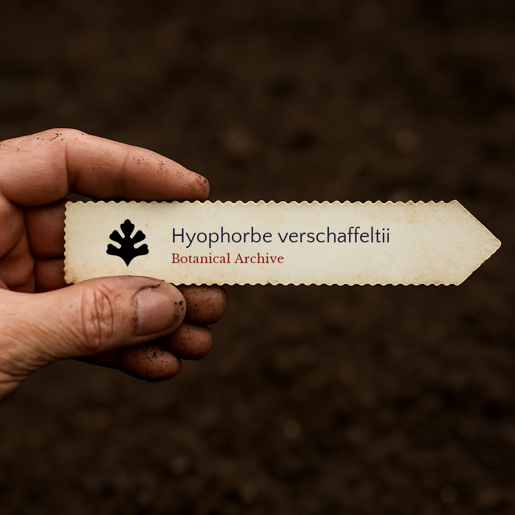 Printed plant label for Hyophorbe verschaffeltii held by hand over soil background