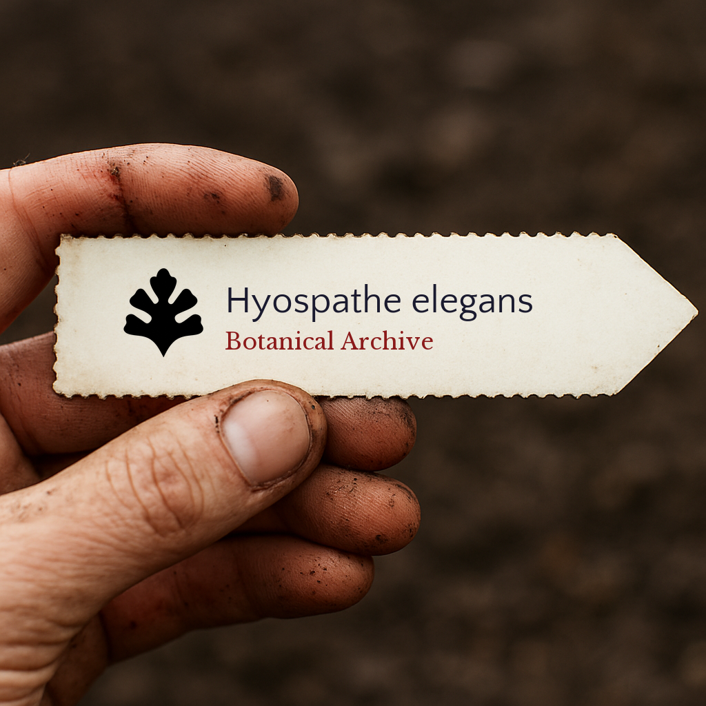 Printed plant label for Hyospathe elegans held by dirty hand with soil background