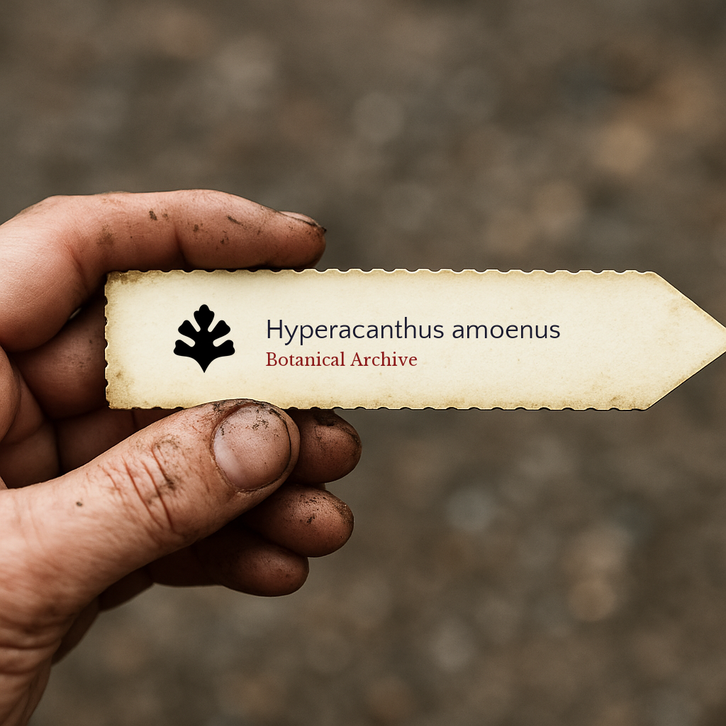Printed plant label for Hyperacanthus amoenus held by dirty hand outdoors