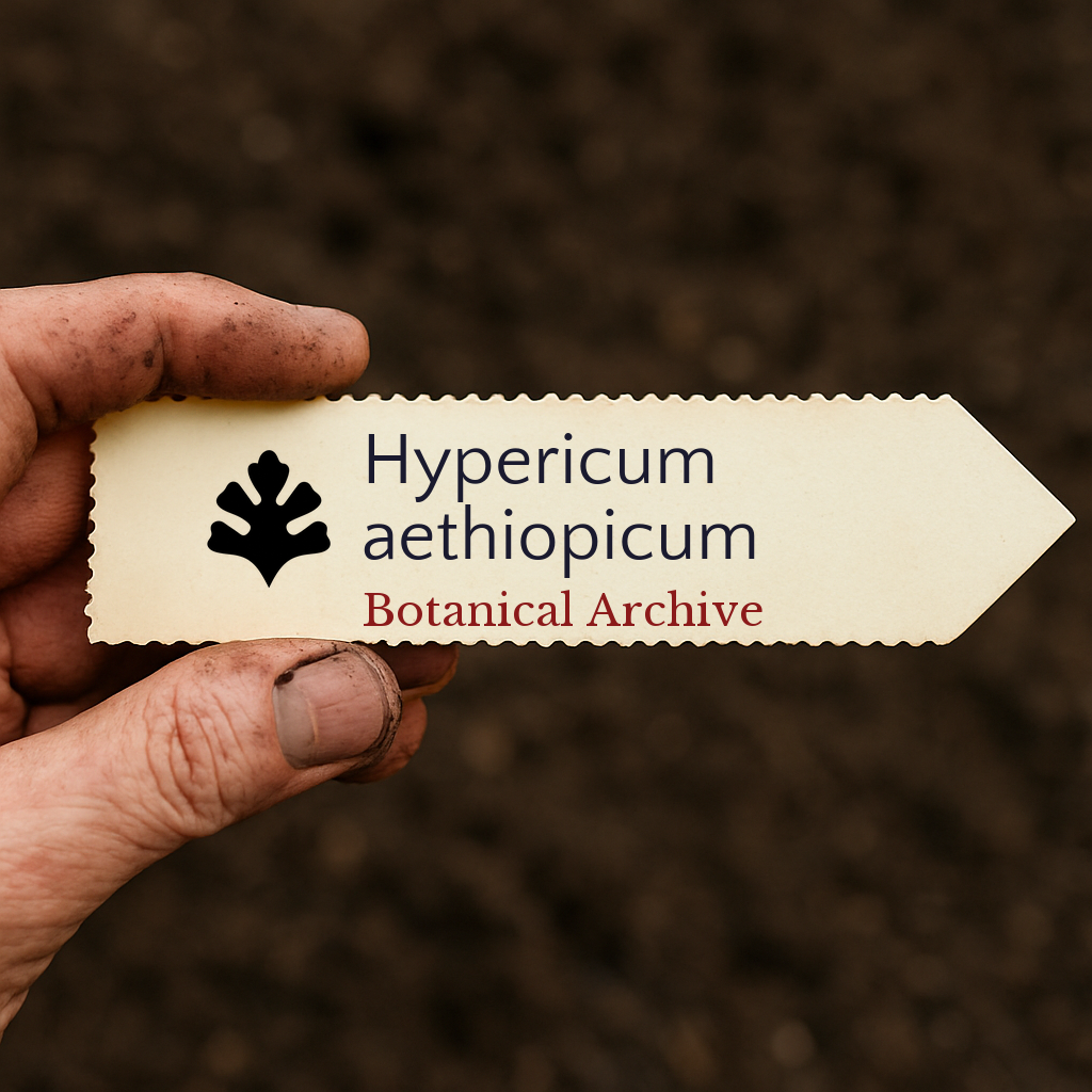 Etichetta stampata per pianta Hypericum aethiopicum tenuta da mano sporca su sfondo di terreno