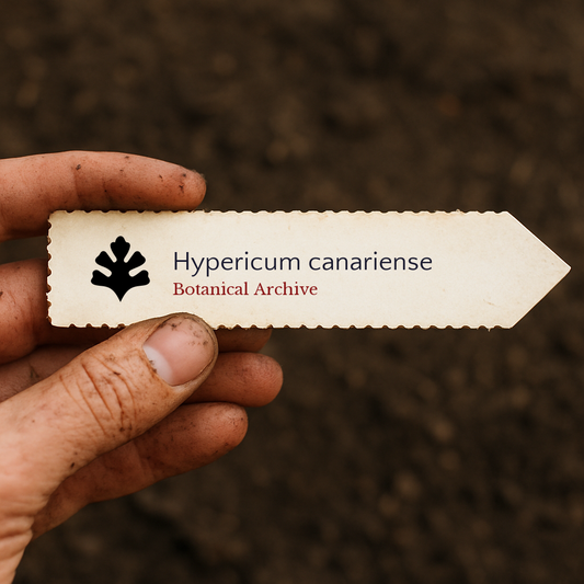 Etichetta stampata per pianta di Hypericum canariense tenuta da mano sporca su sfondo di terreno