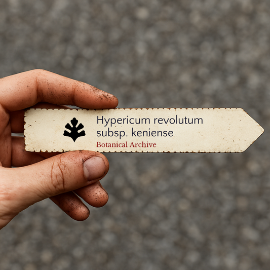 Etichetta stampata per pianta di Hypericum revolutum subsp. keniense tenuta in mano con sfondo di terra