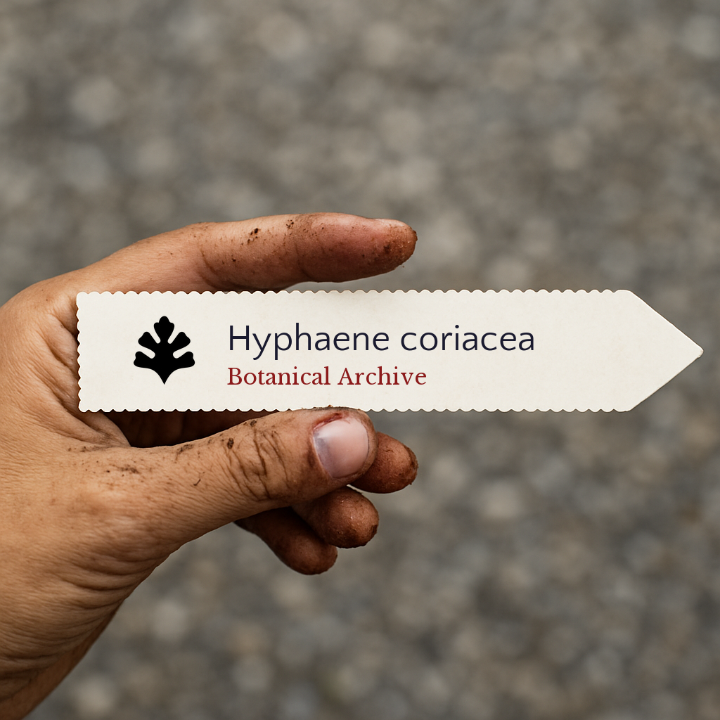 Etichetta stampata per pianta di Hyphaene coriacea tenuta da mano sporca con sfondo sfocato