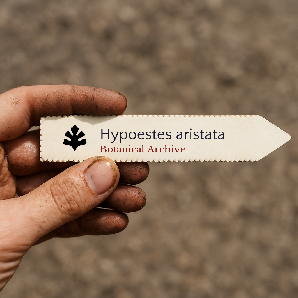 Printed plant label for Hypoestes aristata held by dirty hand against blurred background