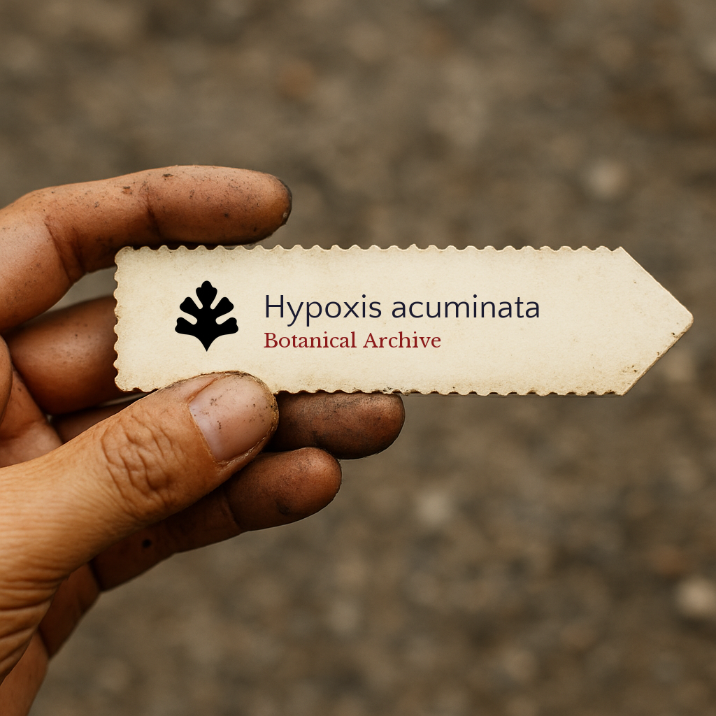 Printed plant label for Hypoxis acuminata held by hand with dirt background